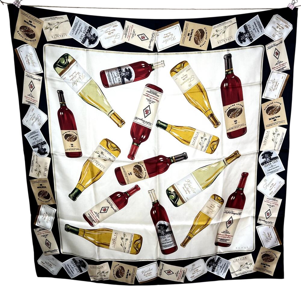 ECHO Vintage Silk Scarf Square Wine Bottle Print Novelty Red White